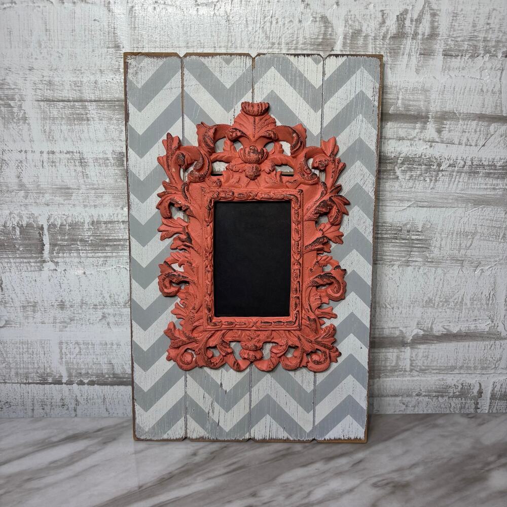 Distressed Chevron Wood Photo Frame with Coral Baroque Accent